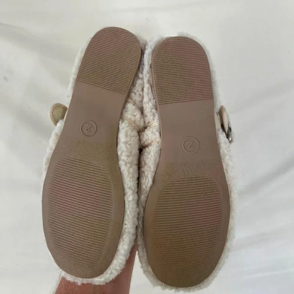 Cream & tan faux fur Mary Jane ballet flats